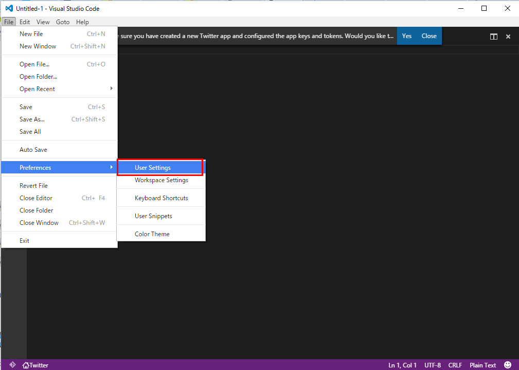 Visual Studio Code で "User Settings" を開く